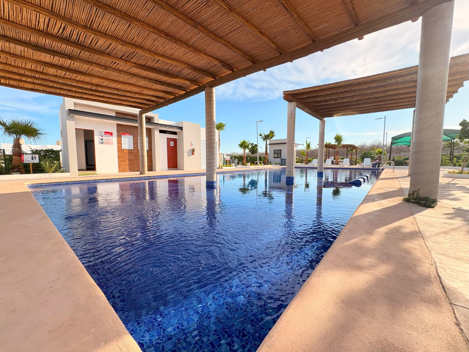 Alberca y palapa en las amenidades de Punto Sur Residencial
